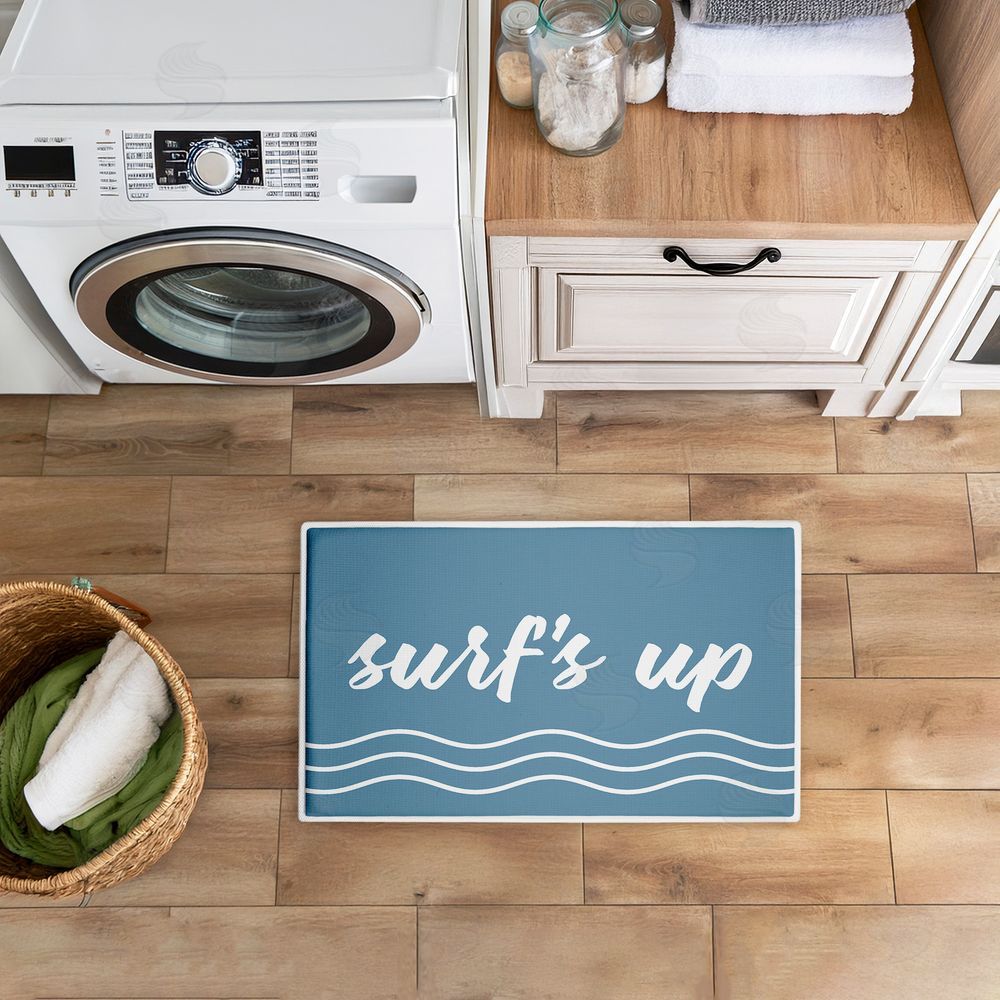 Lettered and Lined Surf's Up over Blue Plush Bathroom Floor Mat
