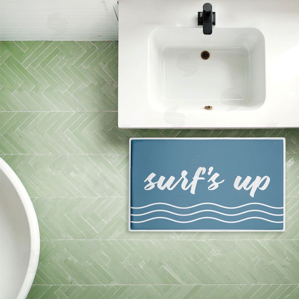Lettered and Lined Surf's Up over Blue Plush Bathroom Floor Mat