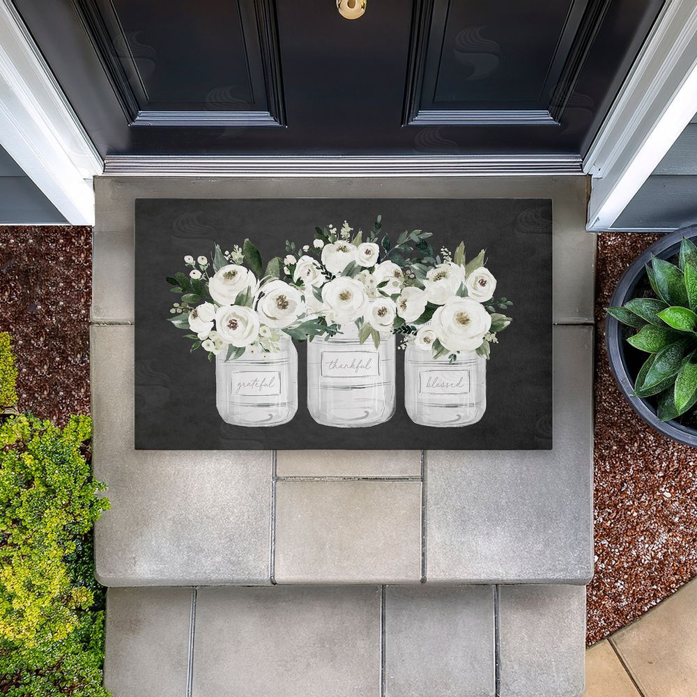 Lettered and Lined White Roses in Country Jars Unwoven Outdoor Door Mat