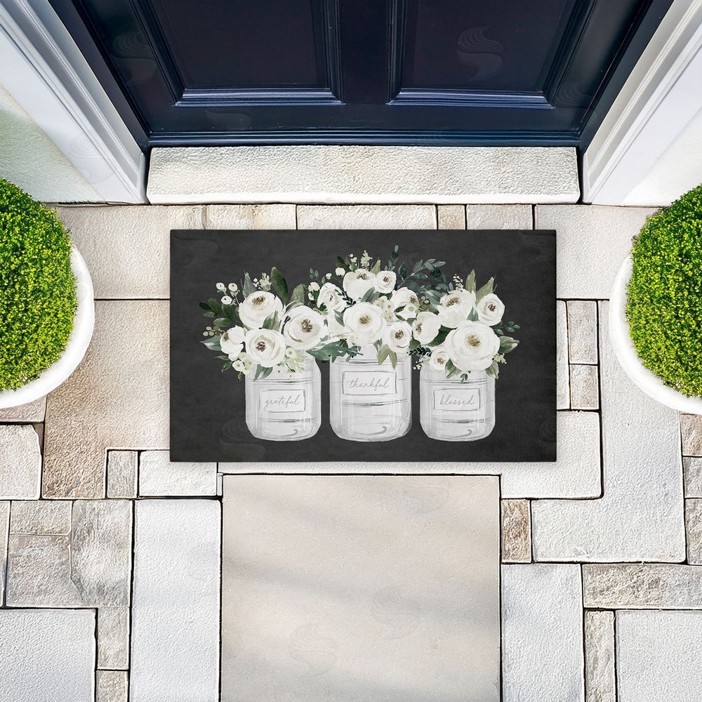 Lettered and Lined White Roses in Country Jars Unwoven Outdoor Door Mat