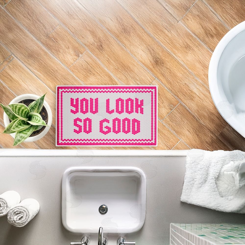 Lettered and Lined Pink You Look So Good Plush Bathroom Floor Mat