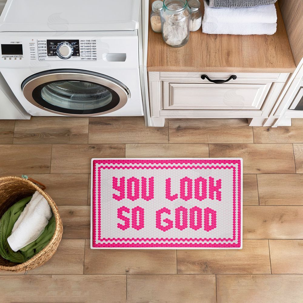 Lettered and Lined Pink You Look So Good Plush Bathroom Floor Mat