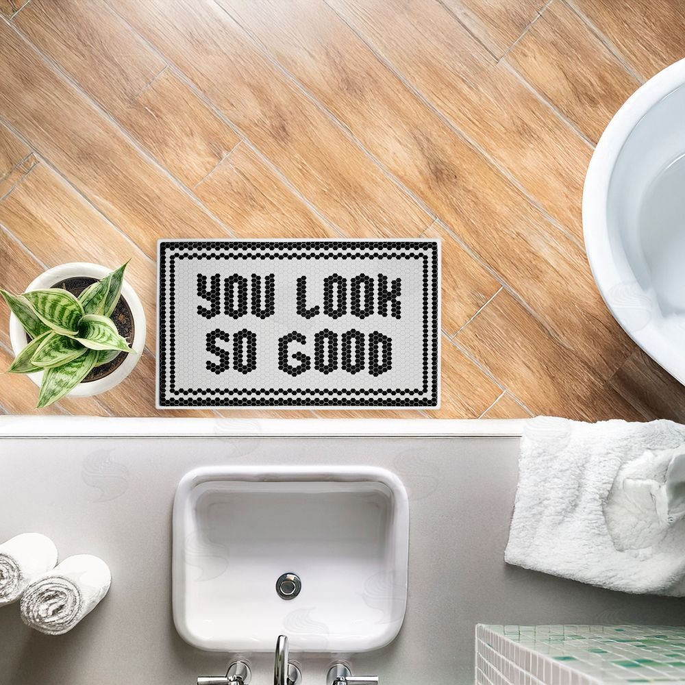 Lettered and Lined Black You Look So Good Plush Bathroom Floor Mat
