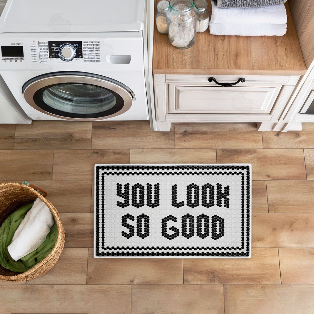 Lettered and Lined Black You Look So Good Plush Bathroom Floor Mat