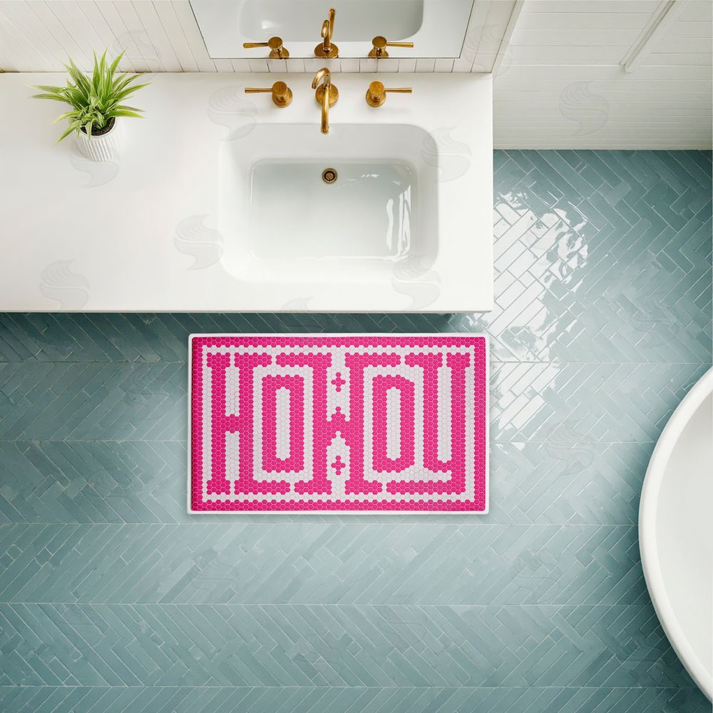 Lettered and Lined Western Greeting Howdy Pink Plush Bathroom Floor Mat