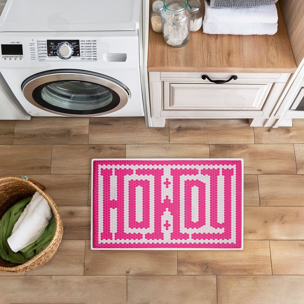 Lettered and Lined Western Greeting Howdy Pink Plush Bathroom Floor Mat