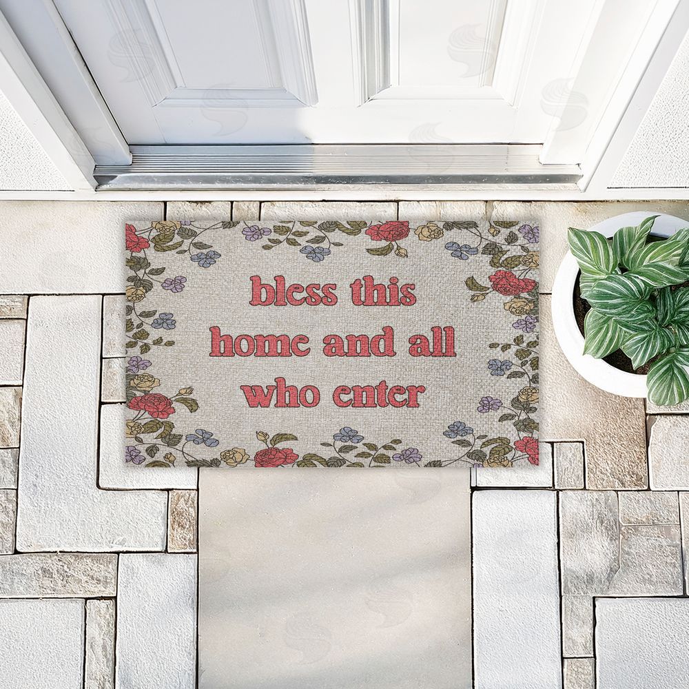 Stupell Studio Retro Bless This Home Florals Outdoor Faux Sisal Door Mat