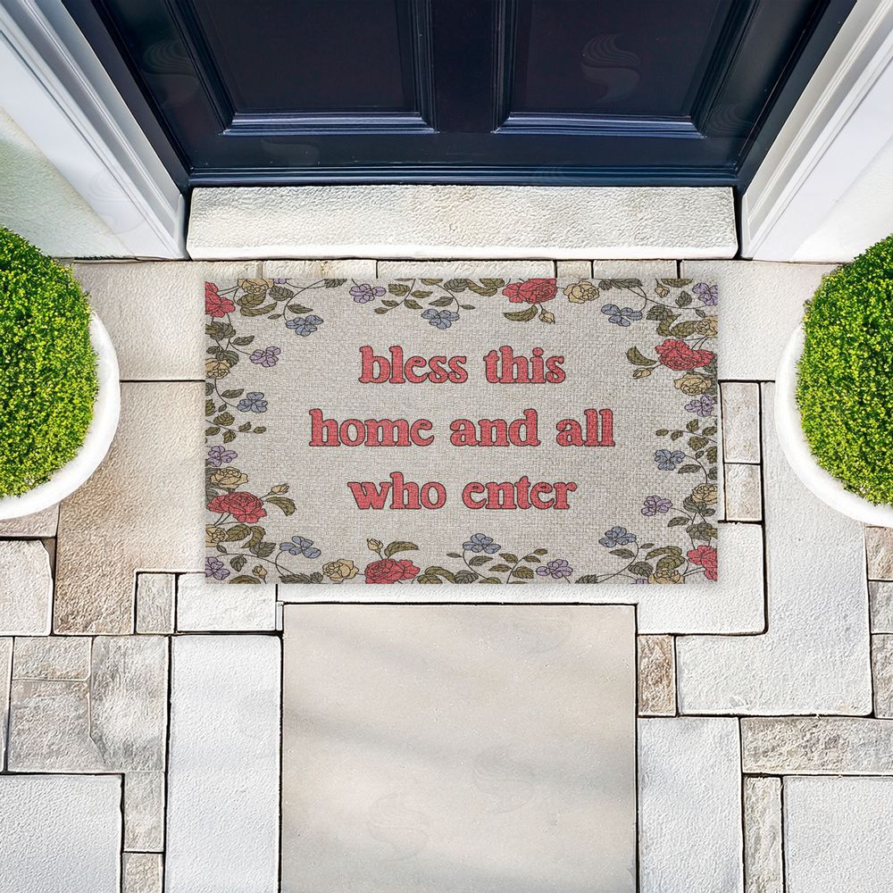 Stupell Studio Retro Bless This Home Florals Outdoor Faux Sisal Door Mat