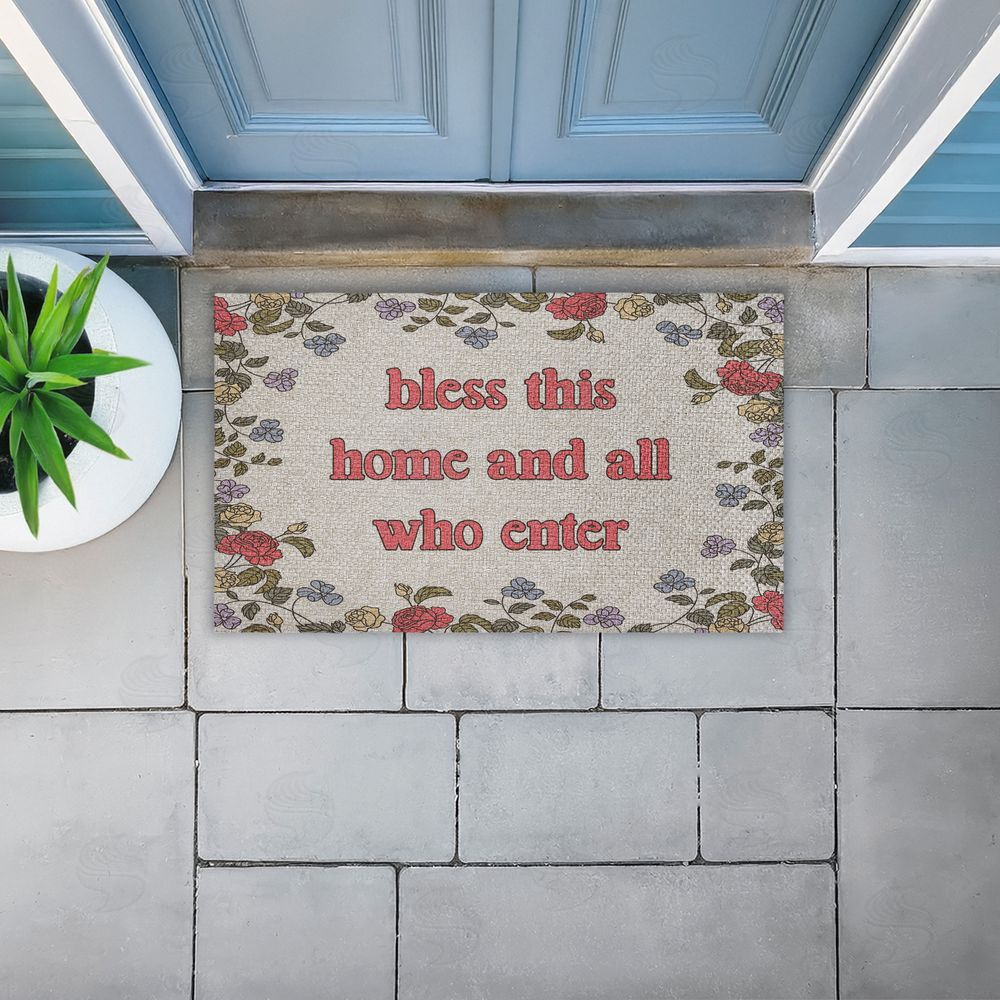 Stupell Studio Retro Bless This Home Florals Outdoor Faux Sisal Door Mat