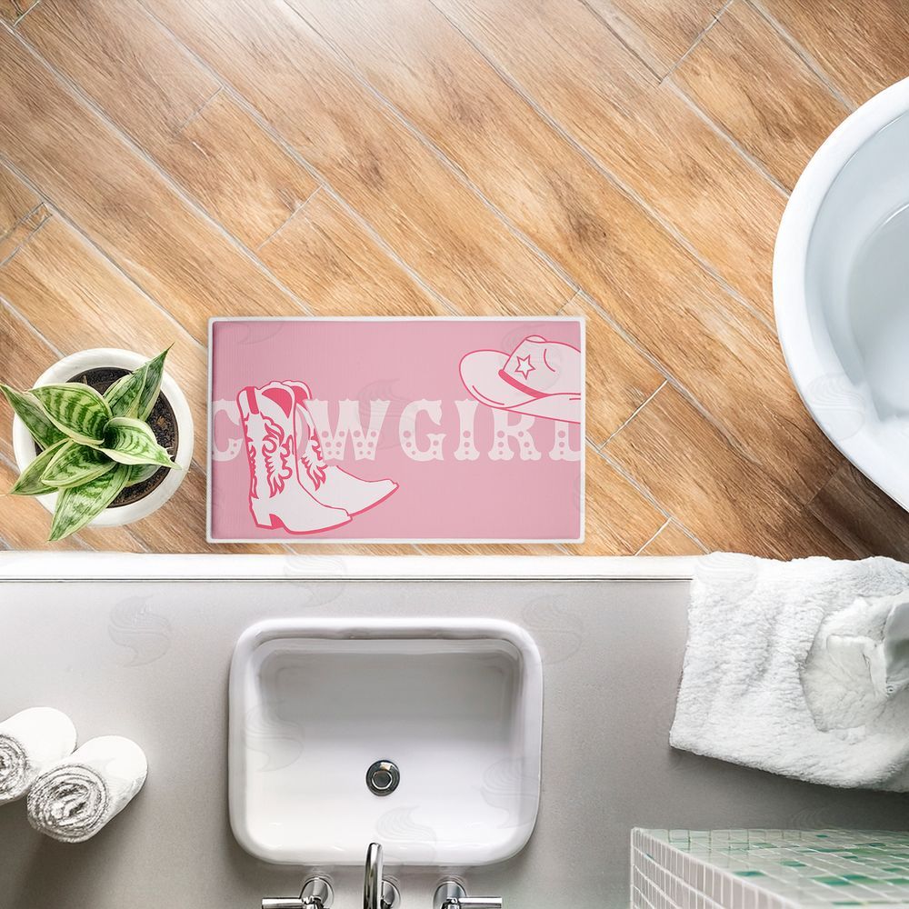 Corinne Rose Designs Pink Feminine Dancing Cowgirl Plush Bathroom Floor Mat