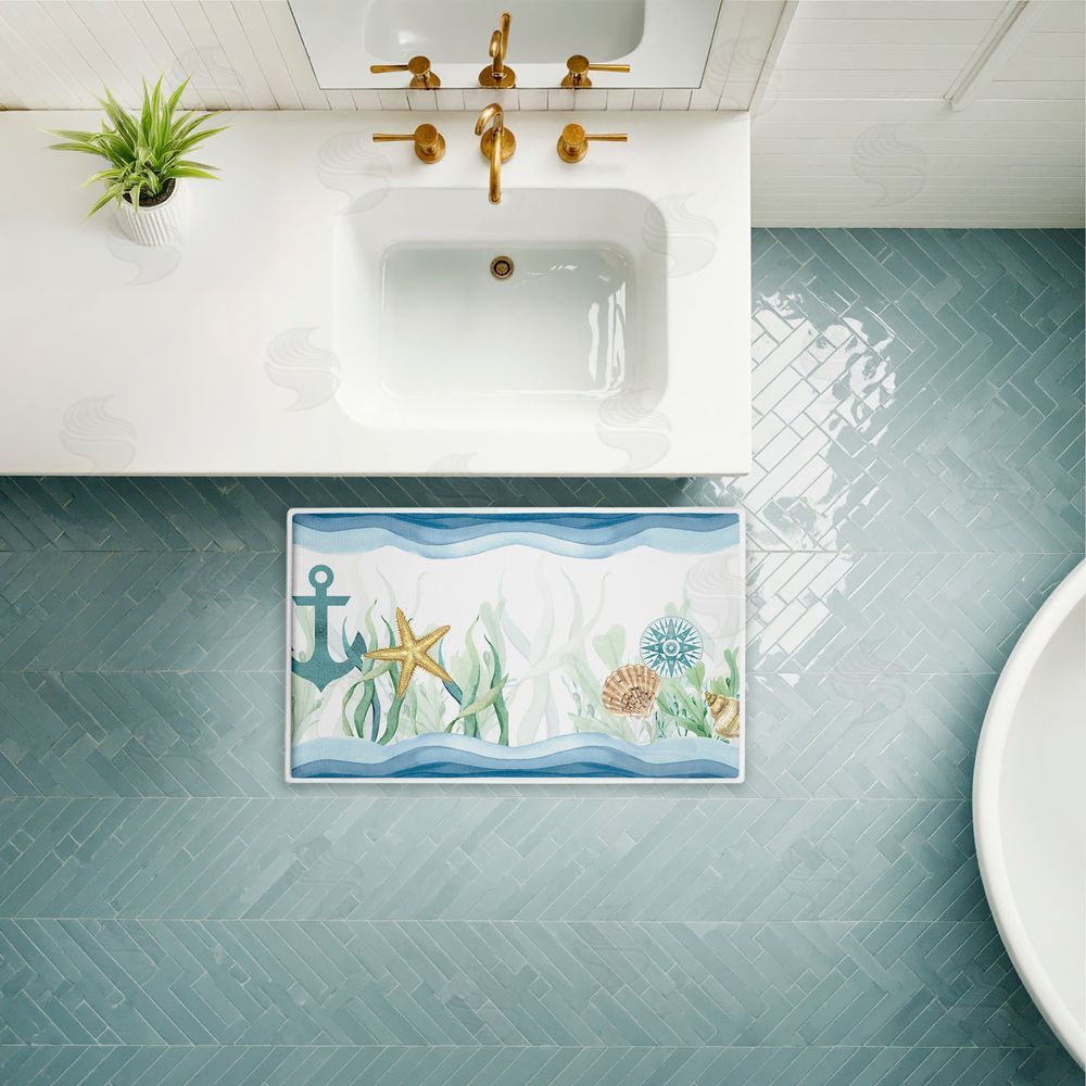 Kim Allen Bayside Sea Life & Waves Plush Bathroom Floor Mat