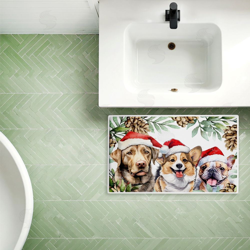 Kim Allen Three Christmas Hat Dogs Plush Bathroom Floor Mat