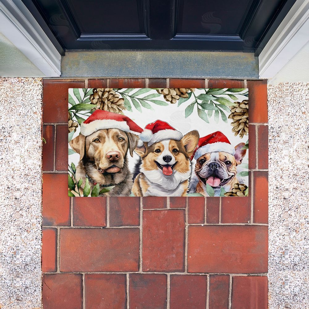 Kim Allen Three Christmas Hat Dogs Unwoven Outdoor Door Mat