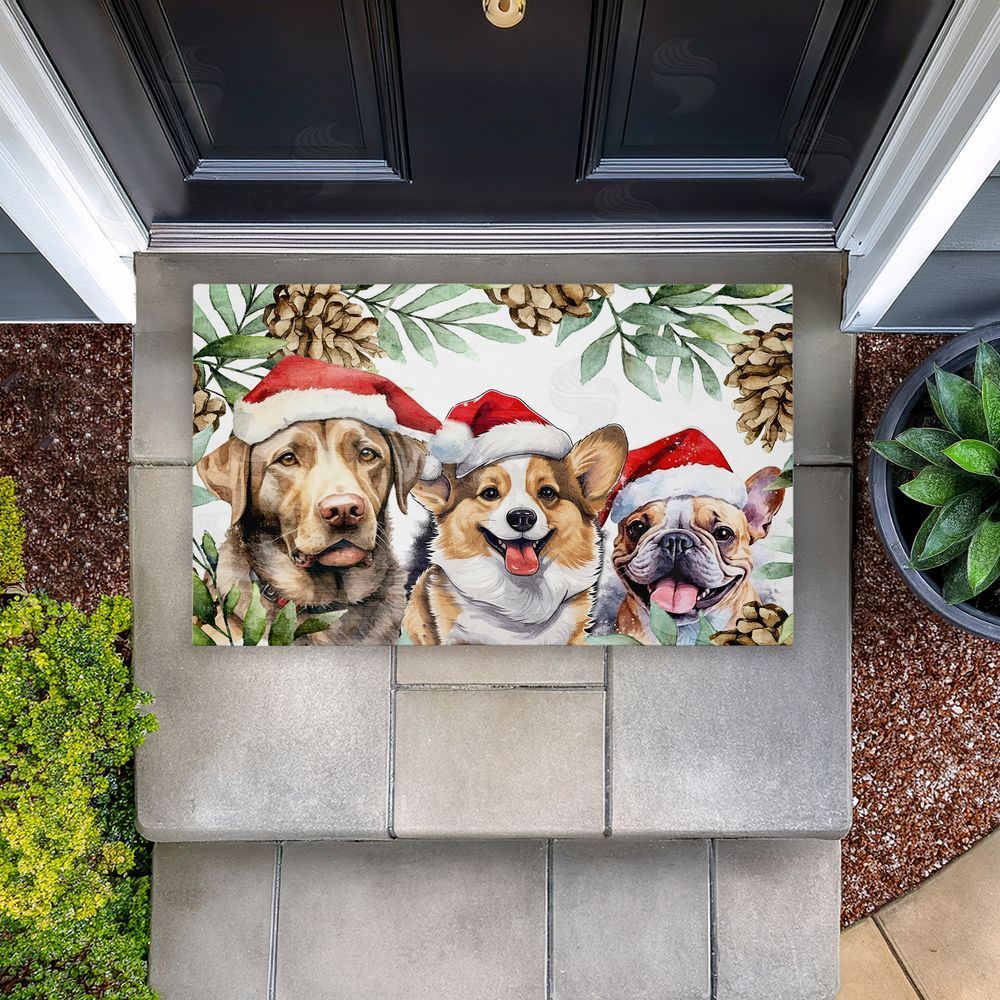 Kim Allen Three Christmas Hat Dogs Unwoven Outdoor Door Mat