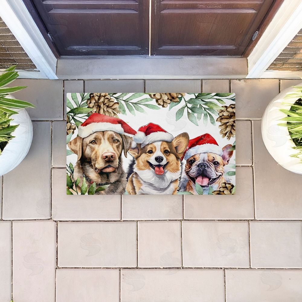 Kim Allen Three Christmas Hat Dogs Unwoven Outdoor Door Mat