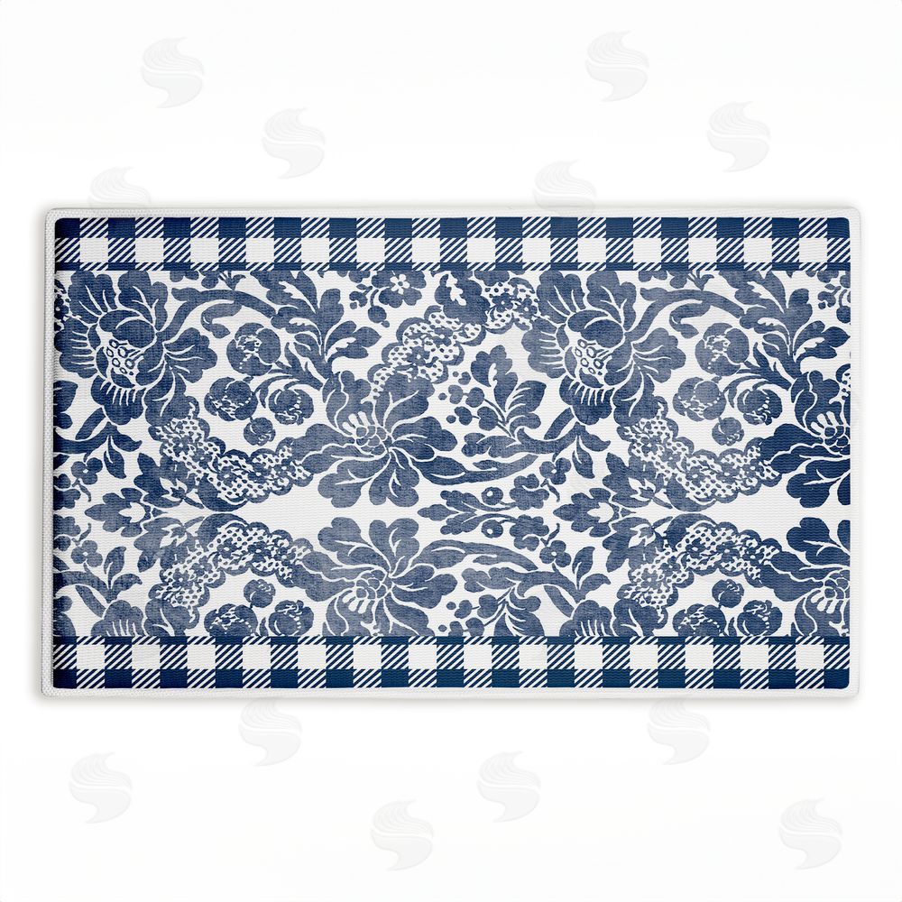 Kim Allen Navy Gingham Florals Plush Bathroom Floor Mat