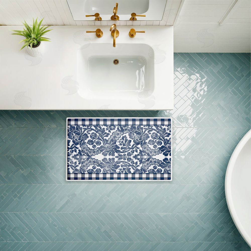 Kim Allen Navy Gingham Florals Plush Bathroom Floor Mat