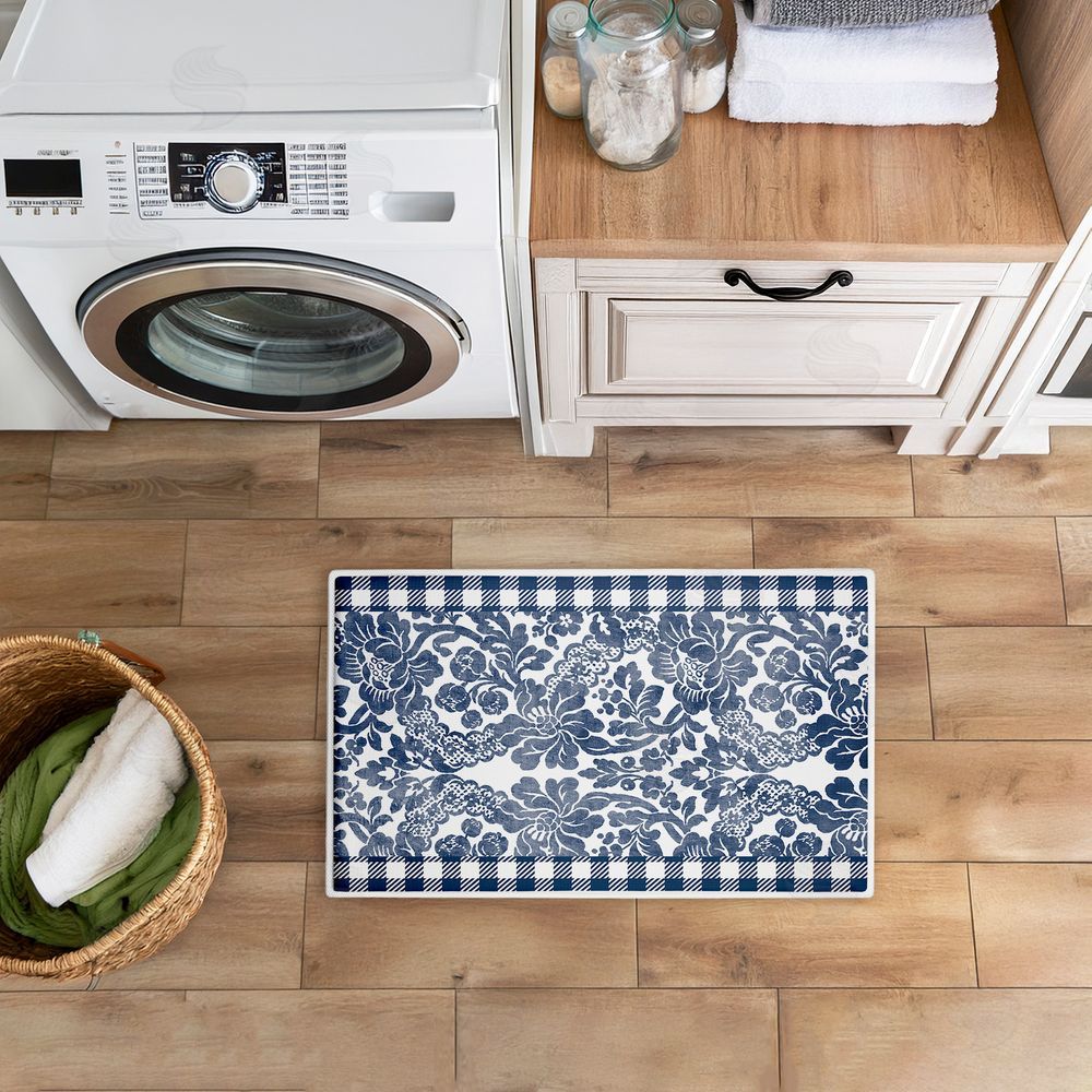 Kim Allen Navy Gingham Florals Plush Bathroom Floor Mat