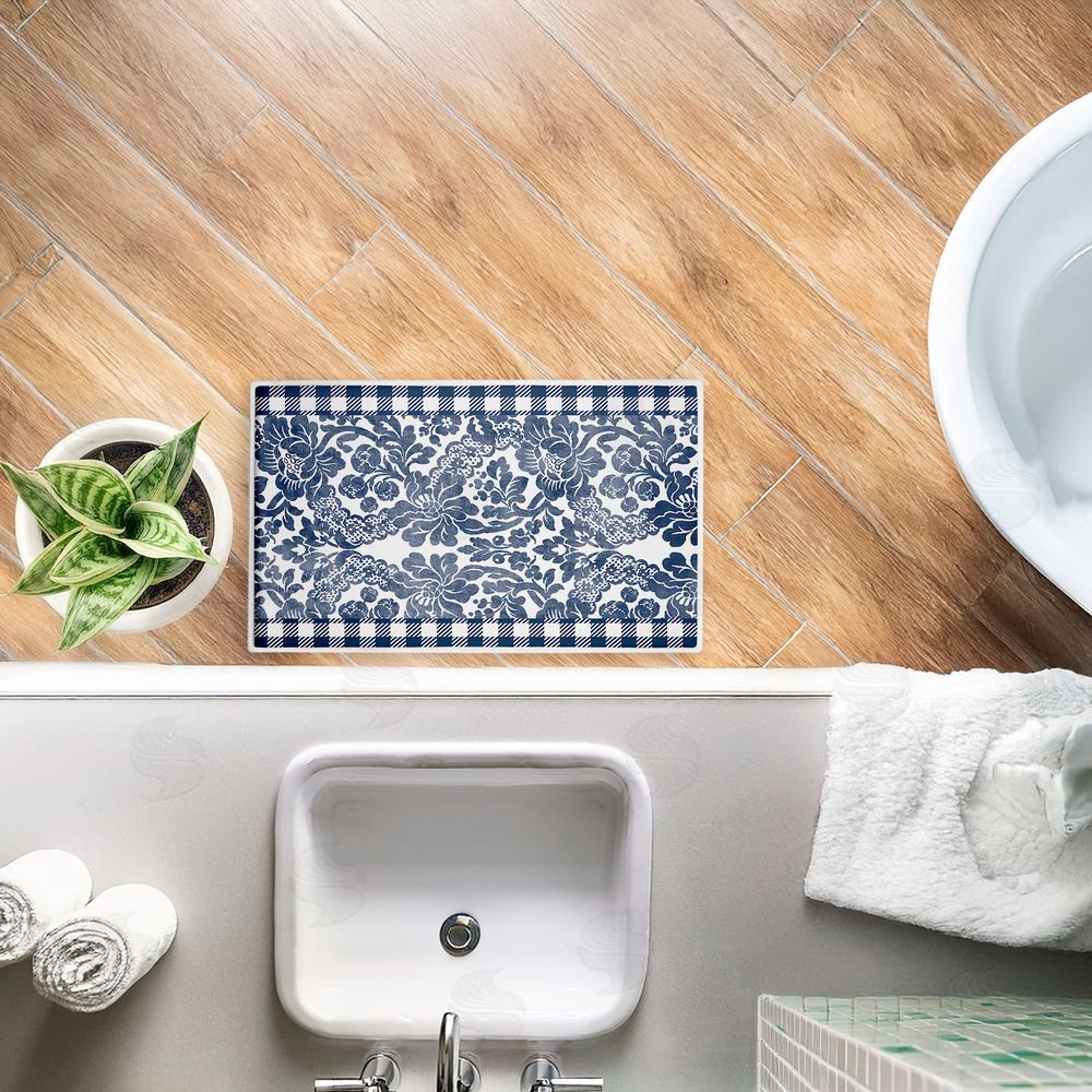 Kim Allen Navy Gingham Florals Plush Bathroom Floor Mat