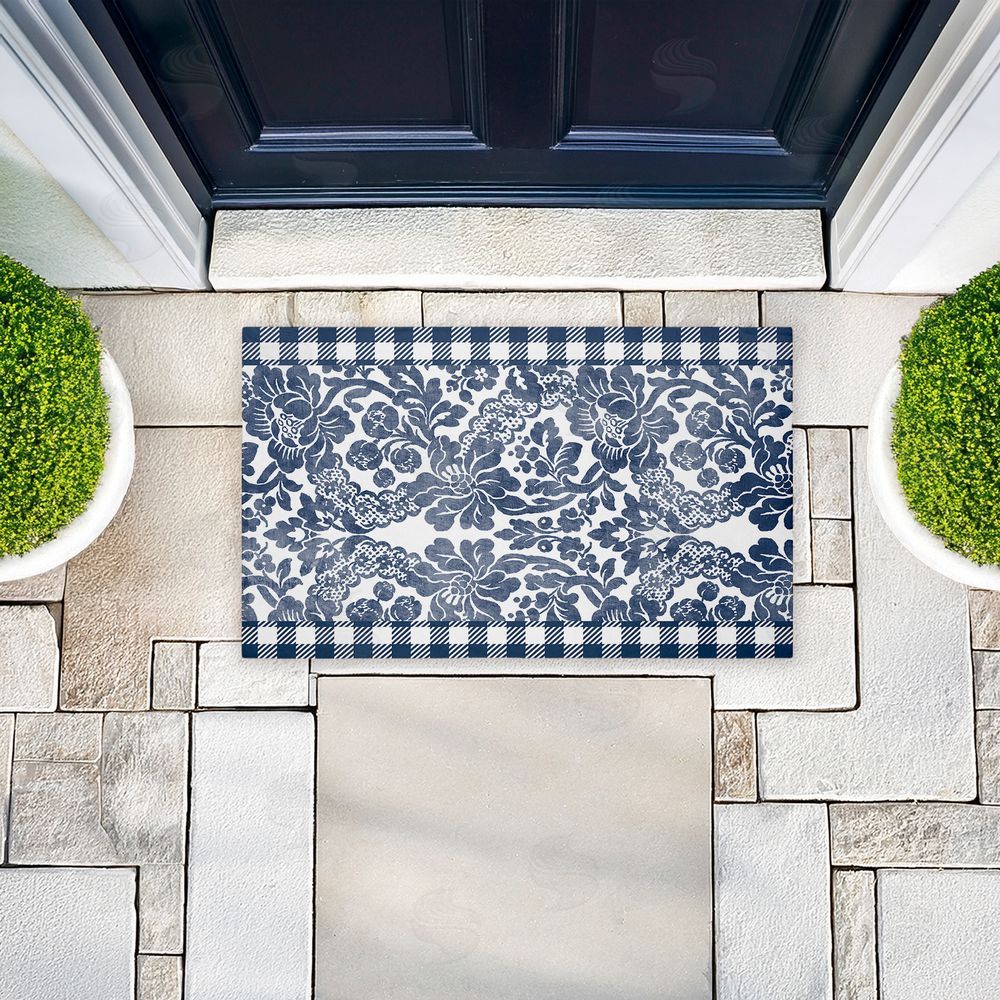 Kim Allen Navy Gingham Florals Unwoven Outdoor Door Mat