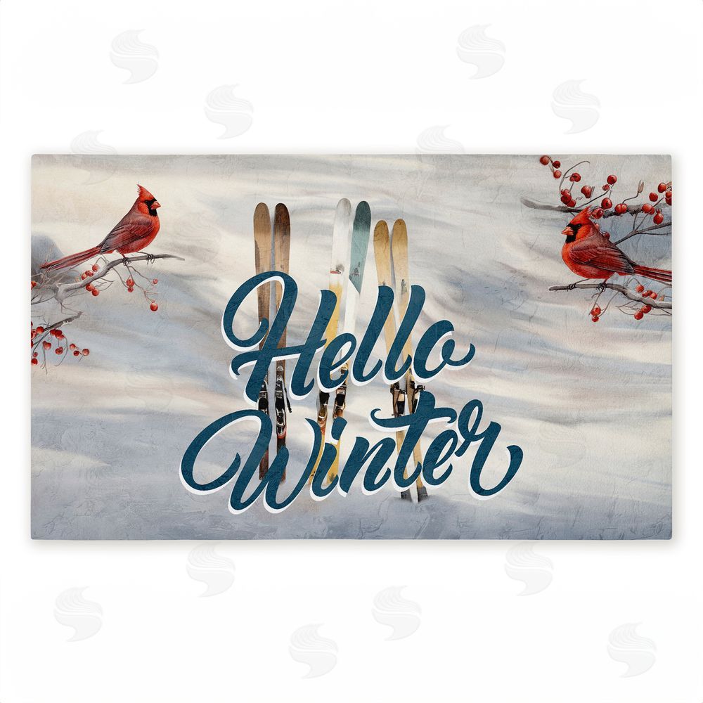 Kim Allen Hello Winter Cardinals & Skis Unwoven Outdoor Door Mat