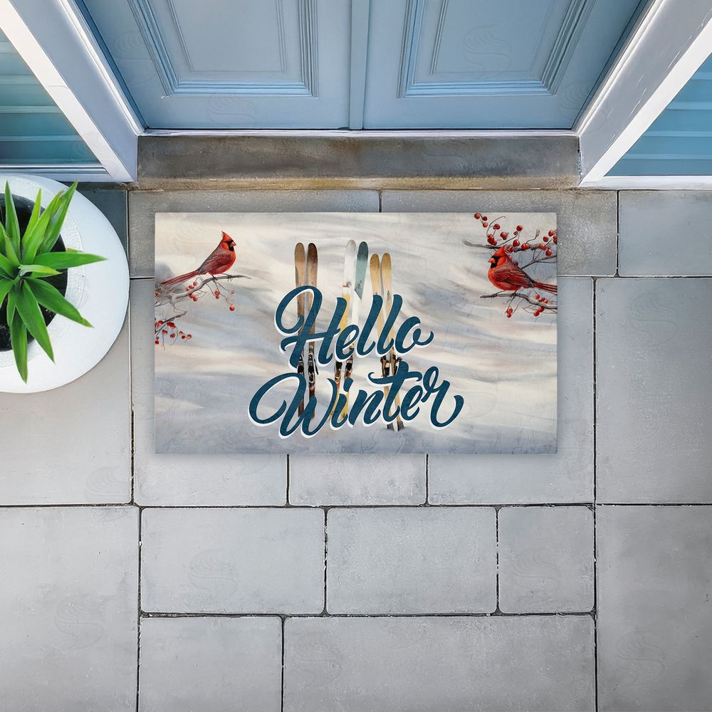 Kim Allen Hello Winter Cardinals & Skis Unwoven Outdoor Door Mat