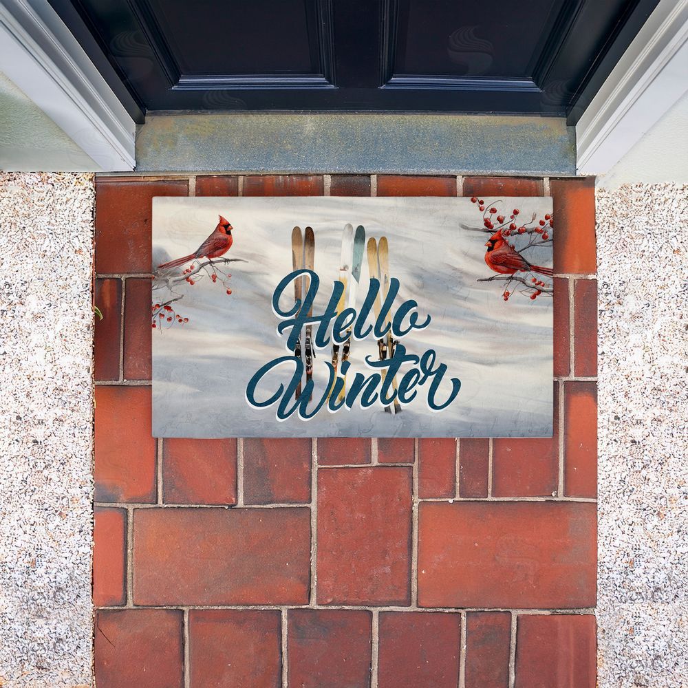 Kim Allen Hello Winter Cardinals & Skis Unwoven Outdoor Door Mat