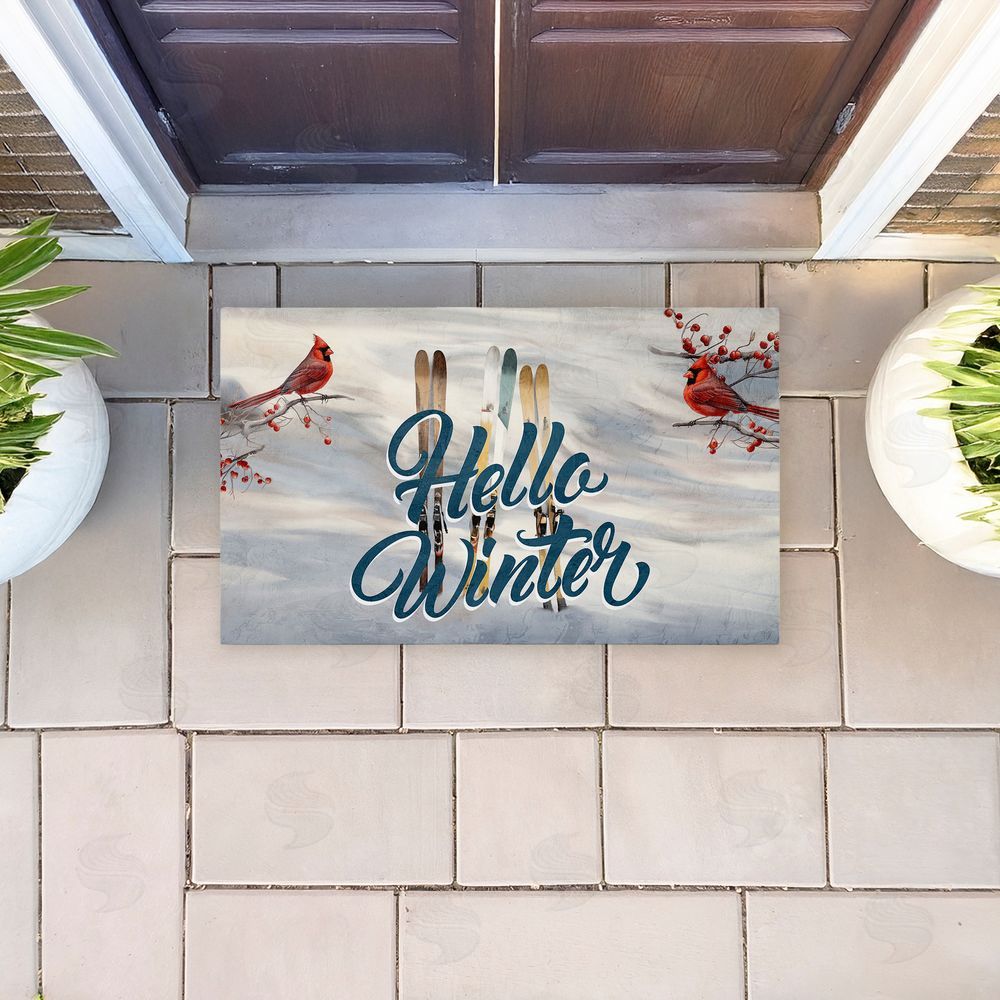 Kim Allen Hello Winter Cardinals & Skis Unwoven Outdoor Door Mat