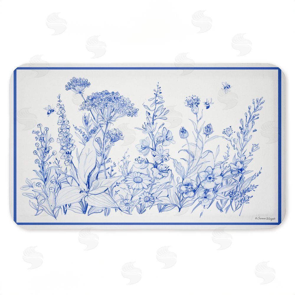 Susan Winget Blue Toile Flowers Kitchen Floor Mat