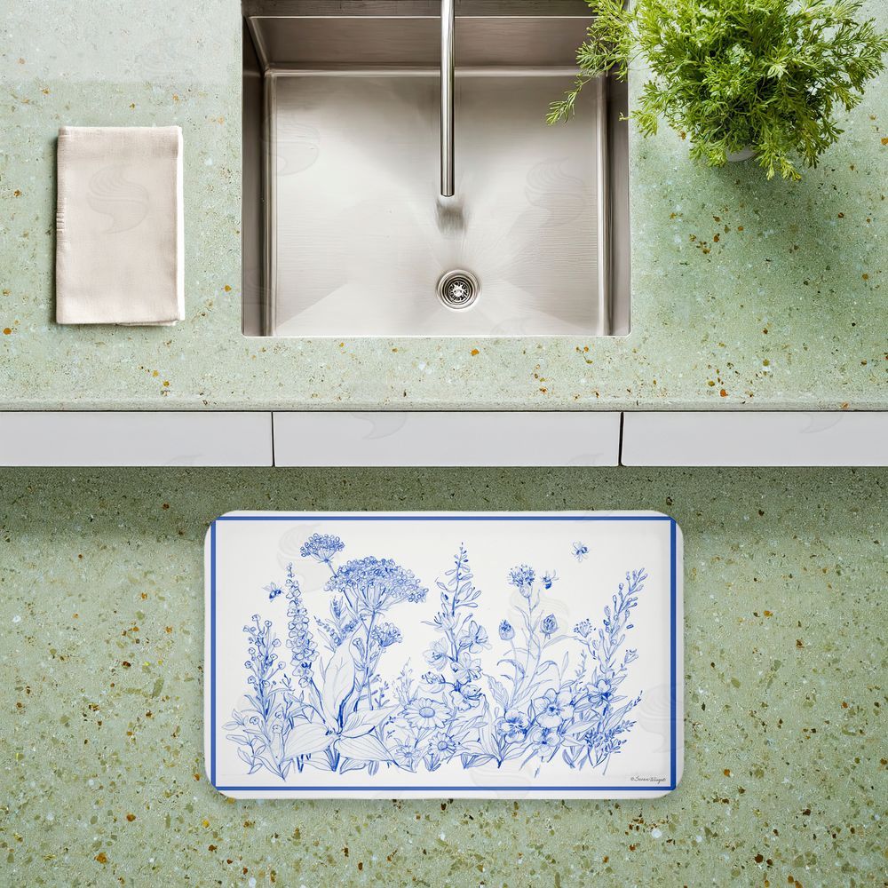 Susan Winget Blue Toile Flowers Kitchen Floor Mat