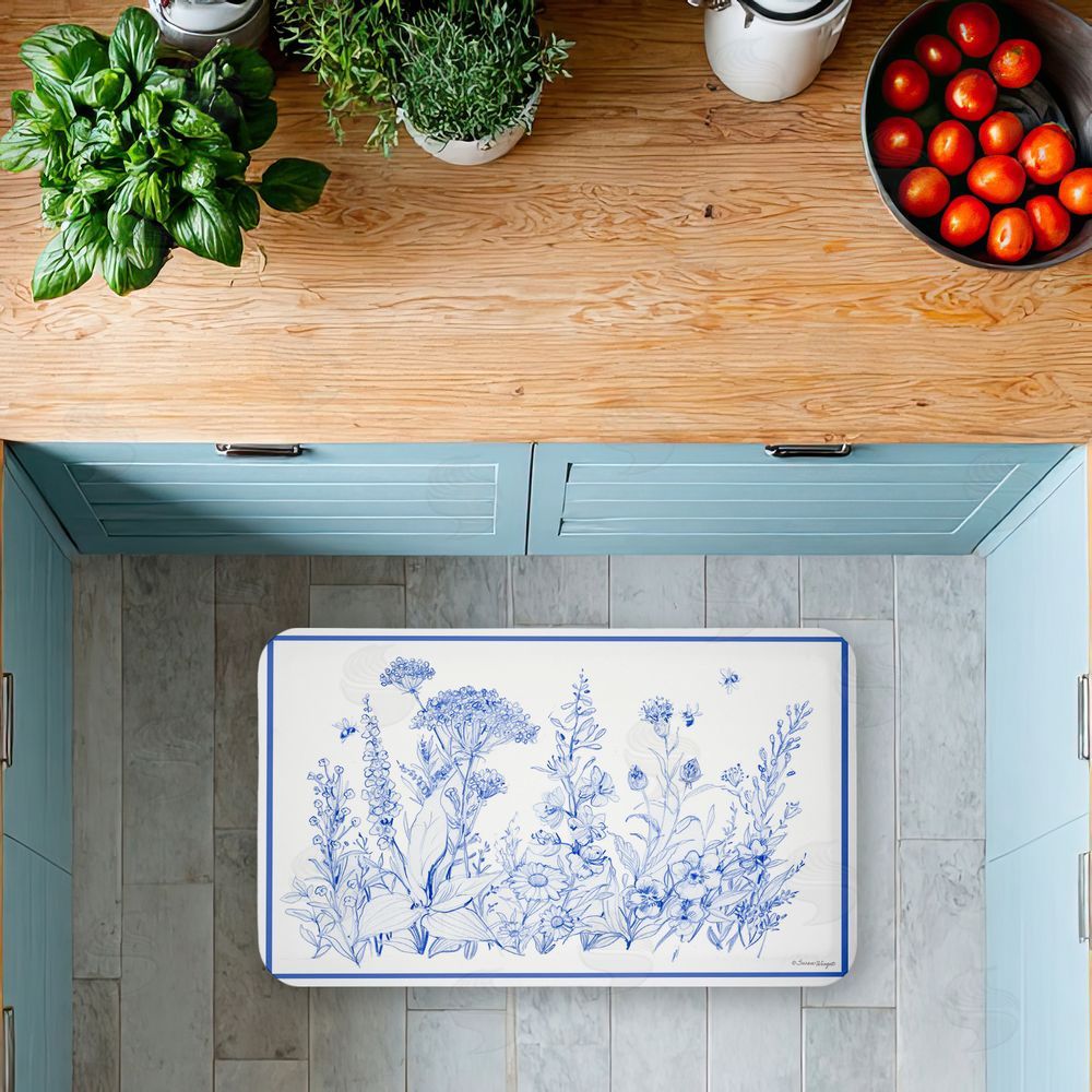 Susan Winget Blue Toile Flowers Kitchen Floor Mat