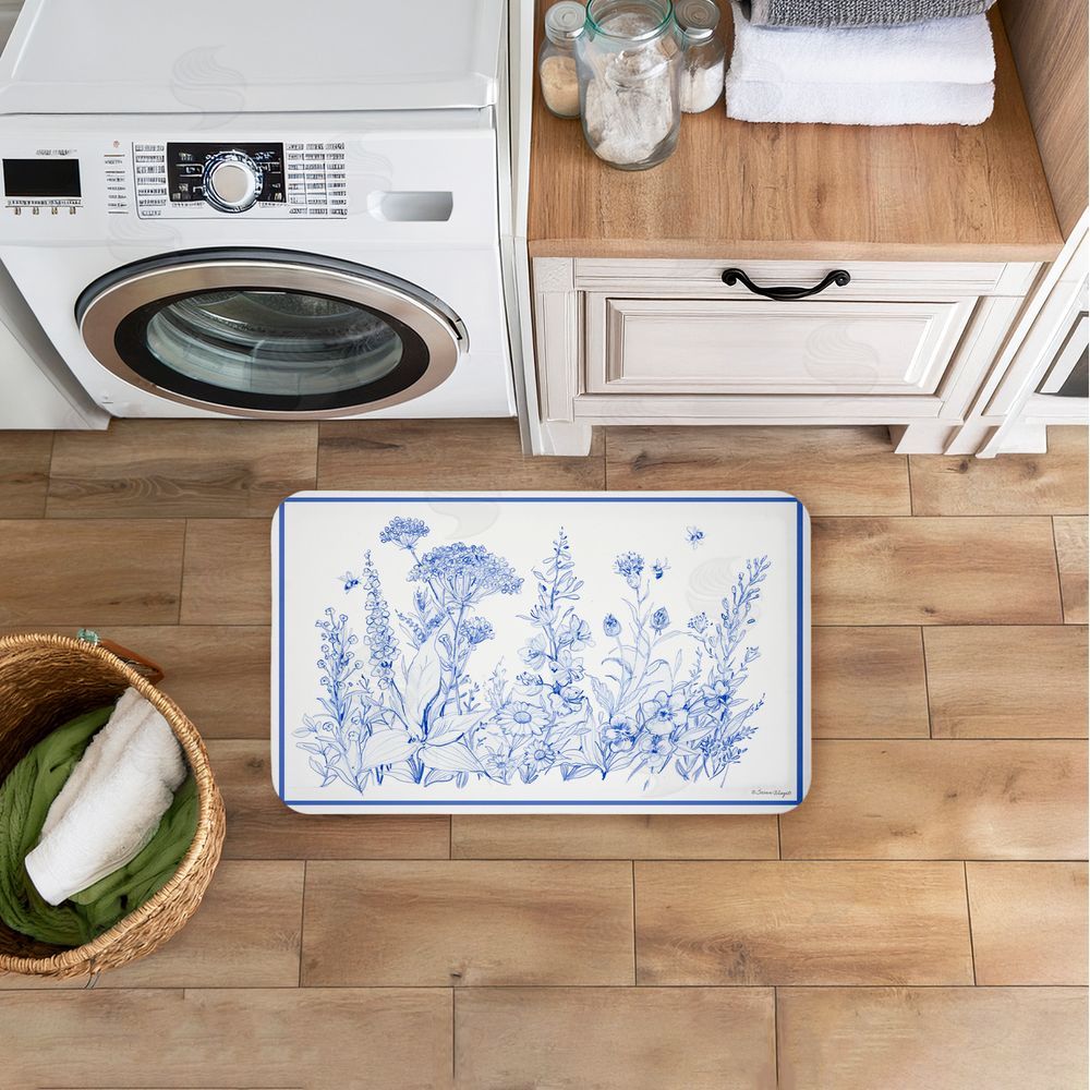 Susan Winget Blue Toile Flowers Kitchen Floor Mat
