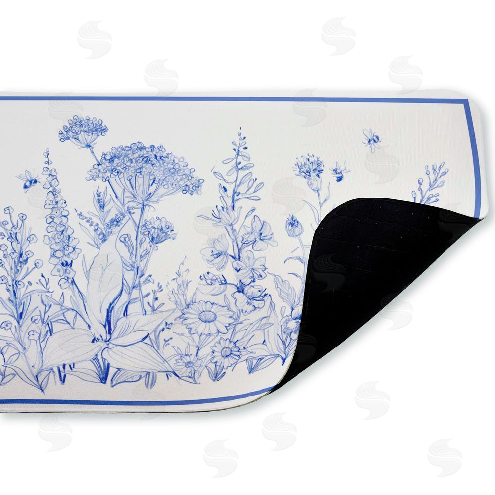 Susan Winget Blue Toile Flowers Kitchen Floor Mat