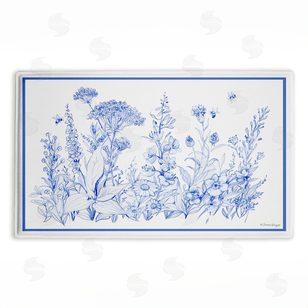 Susan Winget Blue Toile Flowers Plush Bathroom Floor Mat