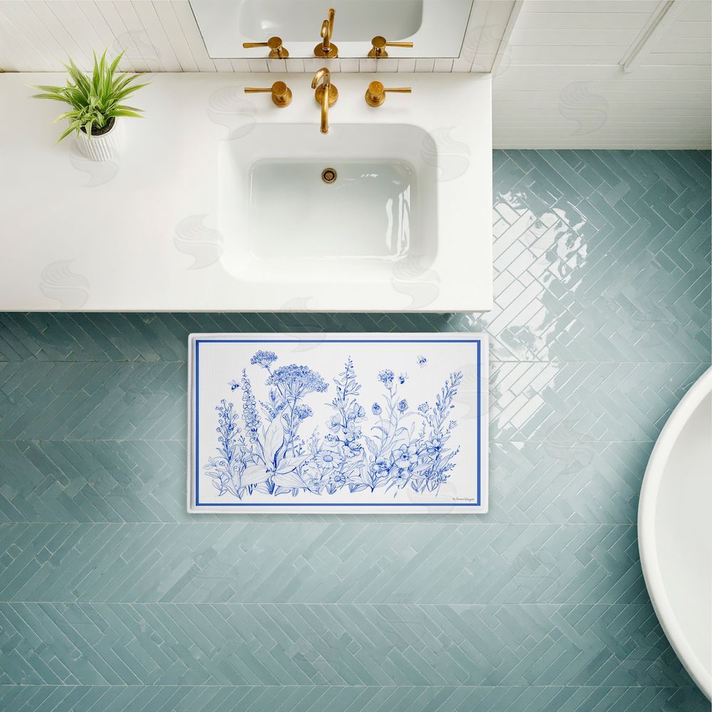 Susan Winget Blue Toile Flowers Plush Bathroom Floor Mat