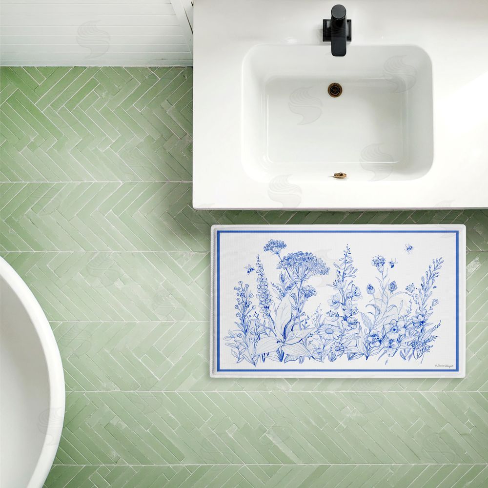 Susan Winget Blue Toile Flowers Plush Bathroom Floor Mat