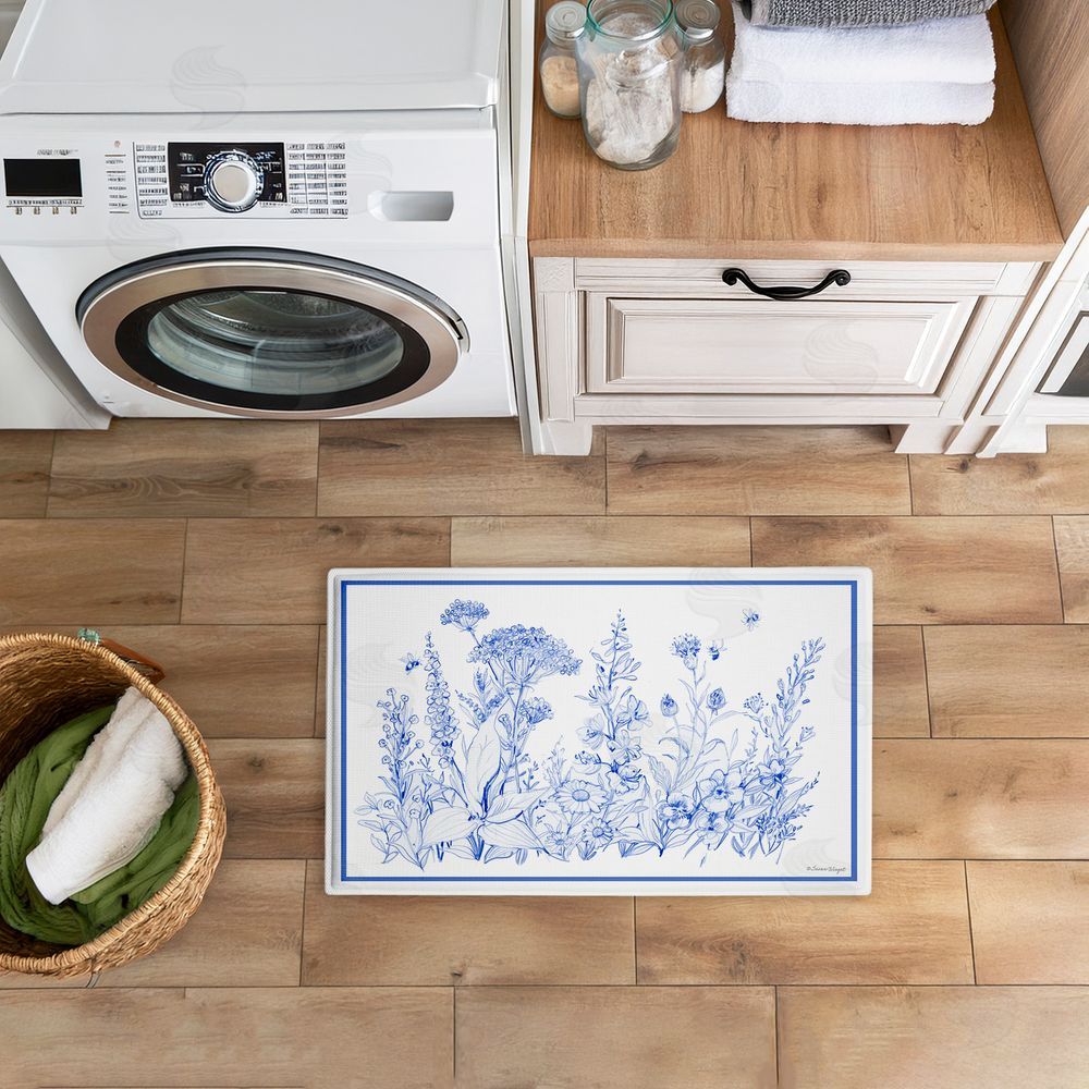 Susan Winget Blue Toile Flowers Plush Bathroom Floor Mat