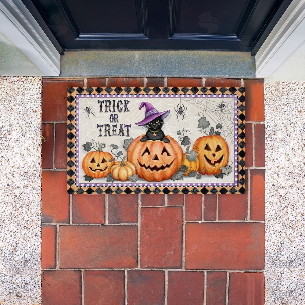 Chad Barrett Vintage Halloween Cat & Pumpkins Unwoven Outdoor Door Mat