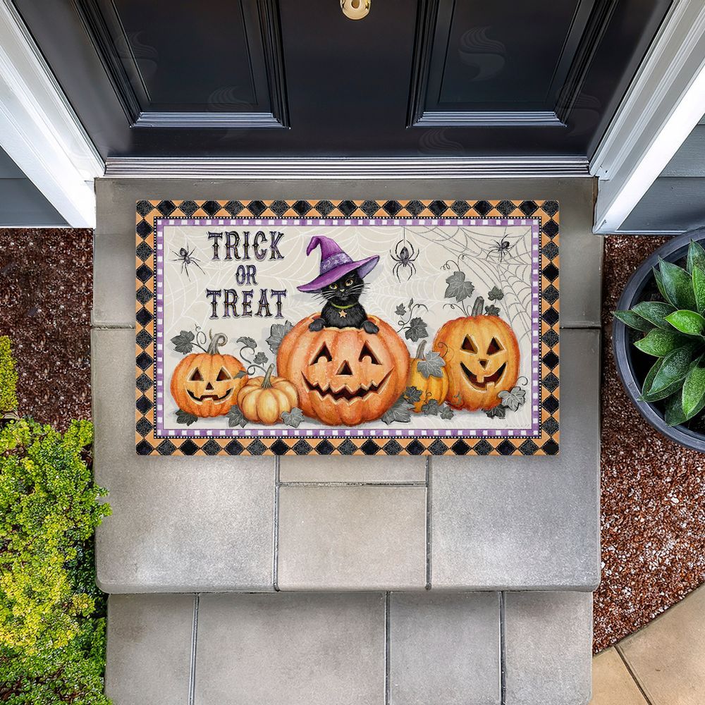 Chad Barrett Vintage Halloween Cat & Pumpkins Unwoven Outdoor Door Mat