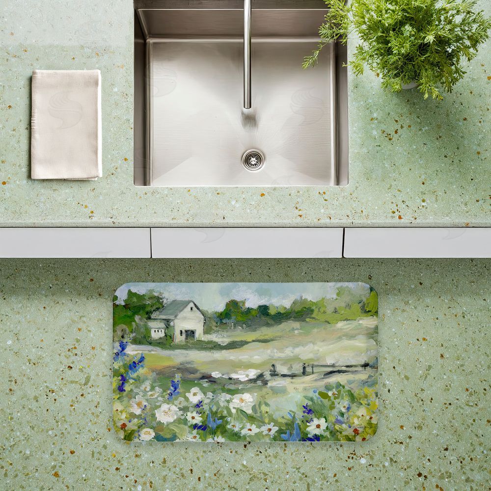 Susan Winget Barn With White Flowers Kitchen Floor Mat