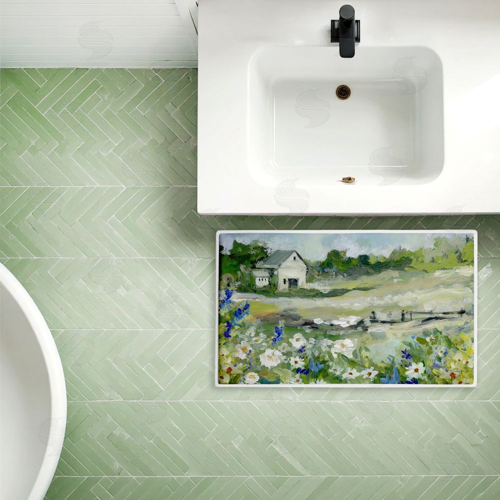 Susan Winget Barn With White Flowers Plush Bathroom Floor Mat