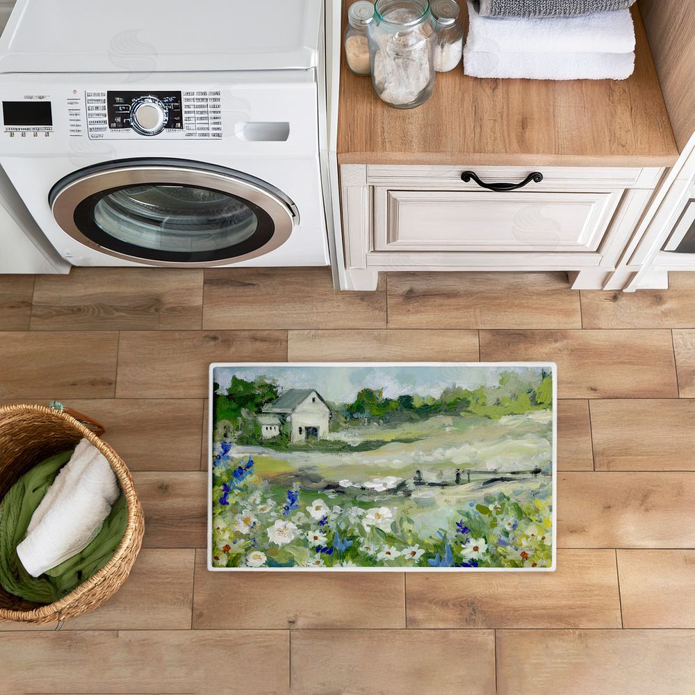 Susan Winget Barn With White Flowers Plush Bathroom Floor Mat