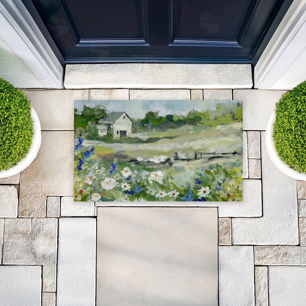 Susan Winget Barn With White Flowers Unwoven Outdoor Door Mat