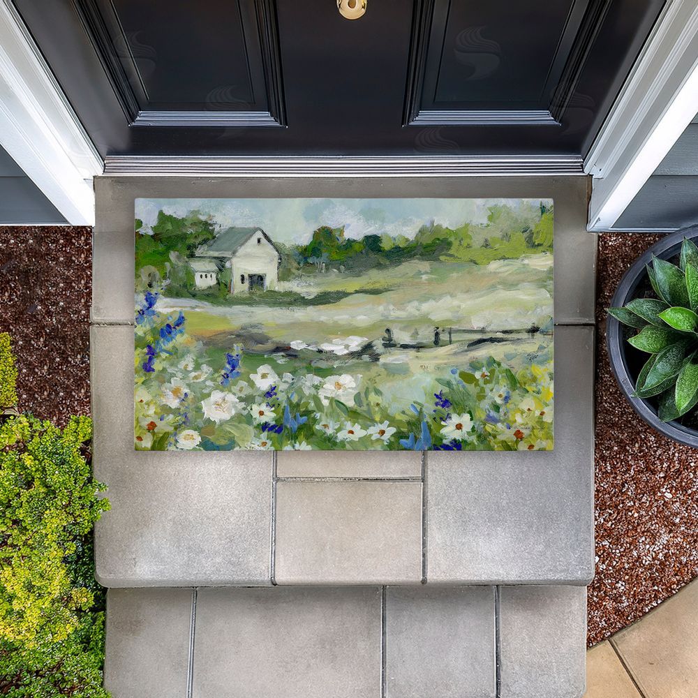 Susan Winget Barn With White Flowers Unwoven Outdoor Door Mat