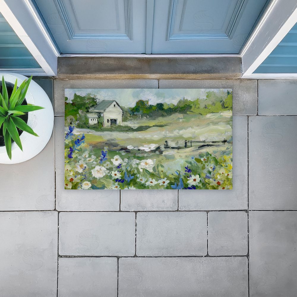 Susan Winget Barn With White Flowers Unwoven Outdoor Door Mat