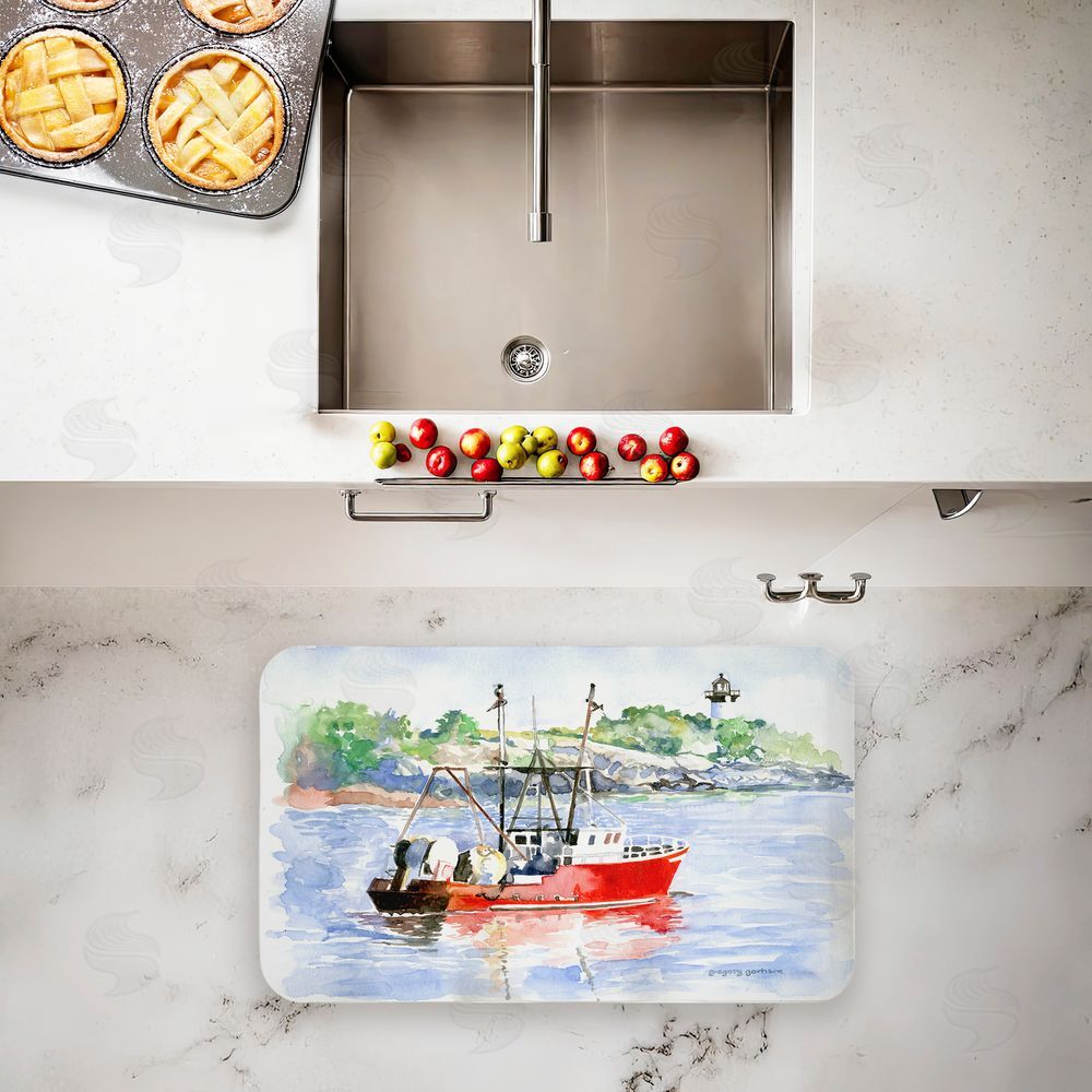 Greg Gorham Tranquil Drifting Boat Kitchen Floor Mat