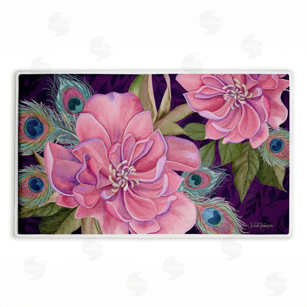 Nicole Tamarin Midnight Garden Peacock Feathers Plush Bathroom Floor Mat