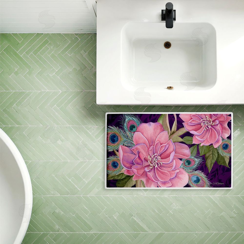 Nicole Tamarin Midnight Garden Peacock Feathers Plush Bathroom Floor Mat