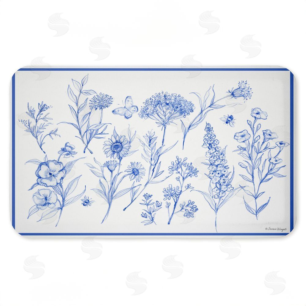 Susan Winget Single Blue Flower Sprigs Kitchen Floor Mat
