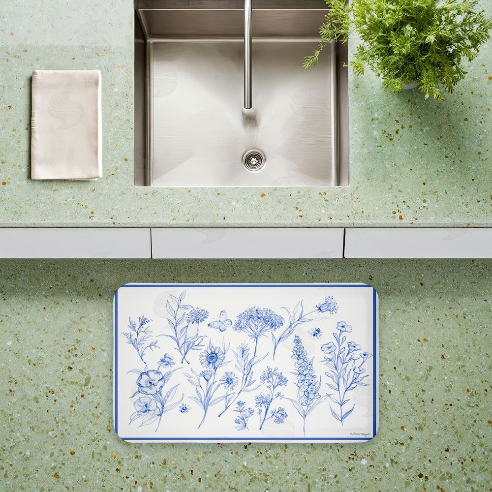 Susan Winget Single Blue Flower Sprigs Kitchen Floor Mat